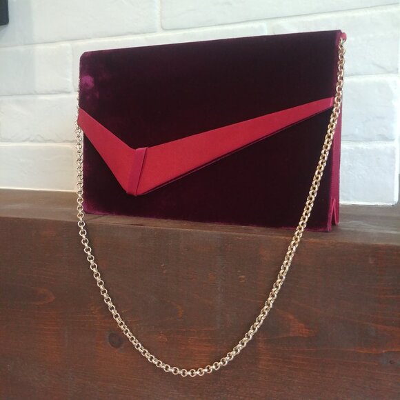 Vintage dark red velvet handmade in Hong Kong gold chain clutch bag purse - Picture 6 of 16